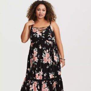 Torrid Black Floral Tassel Maxi Dress Spaghetti Strap Sz 2 Boho Cottagecore